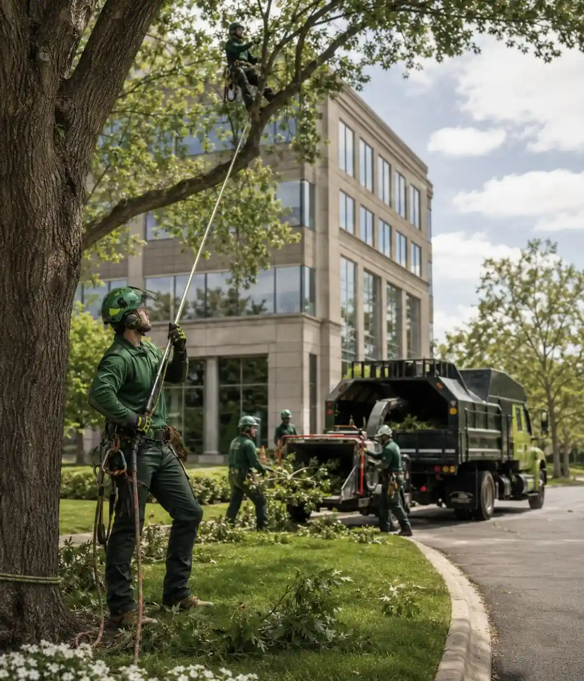 Eco Pro commercial tree-care crew working at a business property